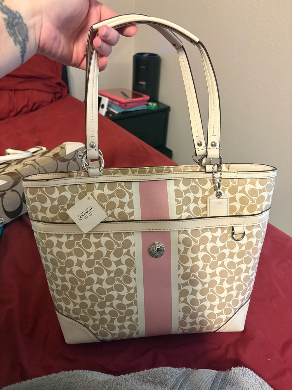 Coach Beige Signature Canvas Tote with Pink and Cream Stripe